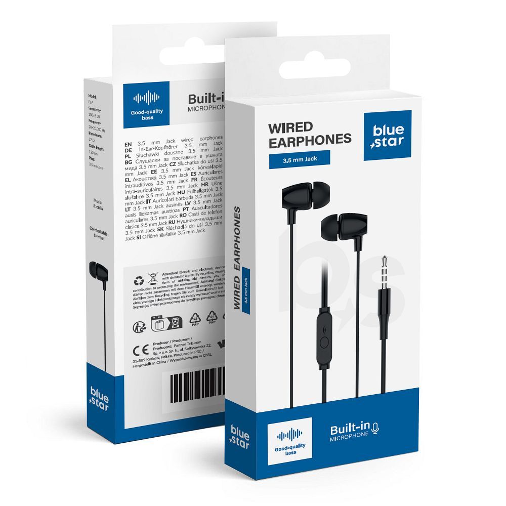 Bluestar Wire earbuds Jack 3,5 mm Blue Star PA-E67 1,2 m black