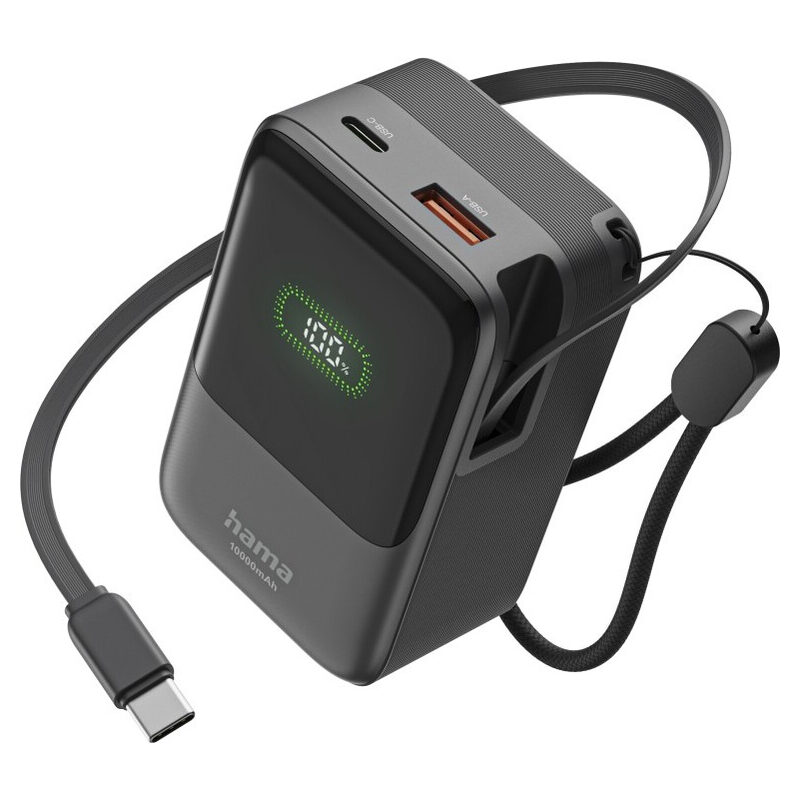 Hama Power Pack RollUp, 10000 mAh, USB-C+USB-A, 20W, Schwarz