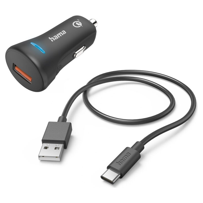 Hama Kfz-Ladeset,Schnellladegerät mit Kabel USB Type-C, 3 A, QC Qualcomm Quick Charge 3.0, 1.5m, Schwarz