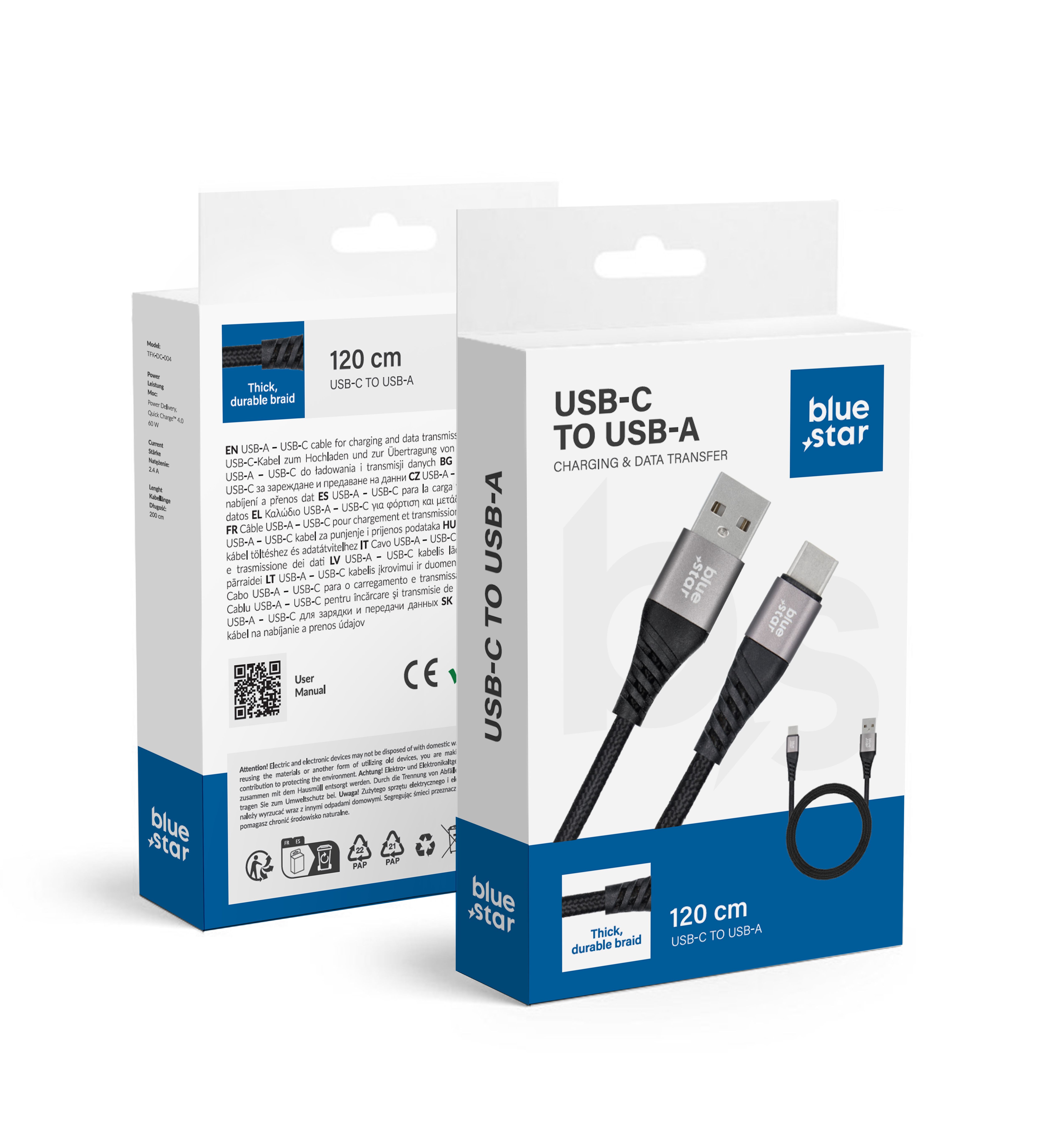 BlueStar geflochtenes Kabel mit USB A auf USB C 3A Stecker
