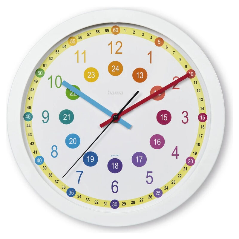 Hama Kinder-Wanduhr Sal, analog, Ø 30 cm, ohne Ticken, Weiss/Bunt