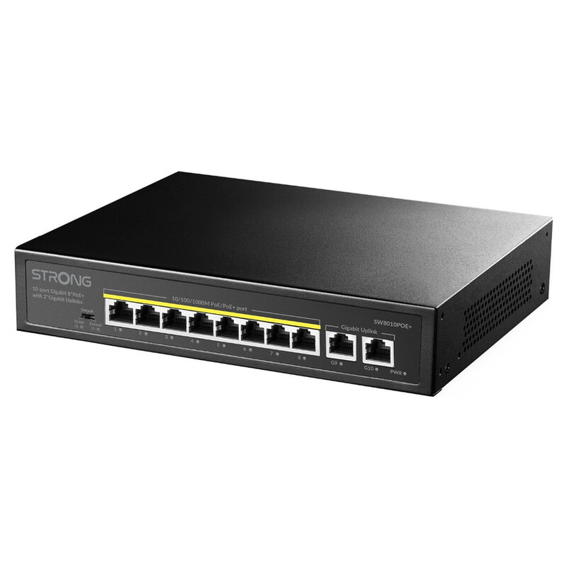 Strong 10-Port Gigabit POE+ Switch mit 2 Gigabit-Uplink-Ports und 8 PoE+ Gigabit-Ethernet-Ports, schwarz