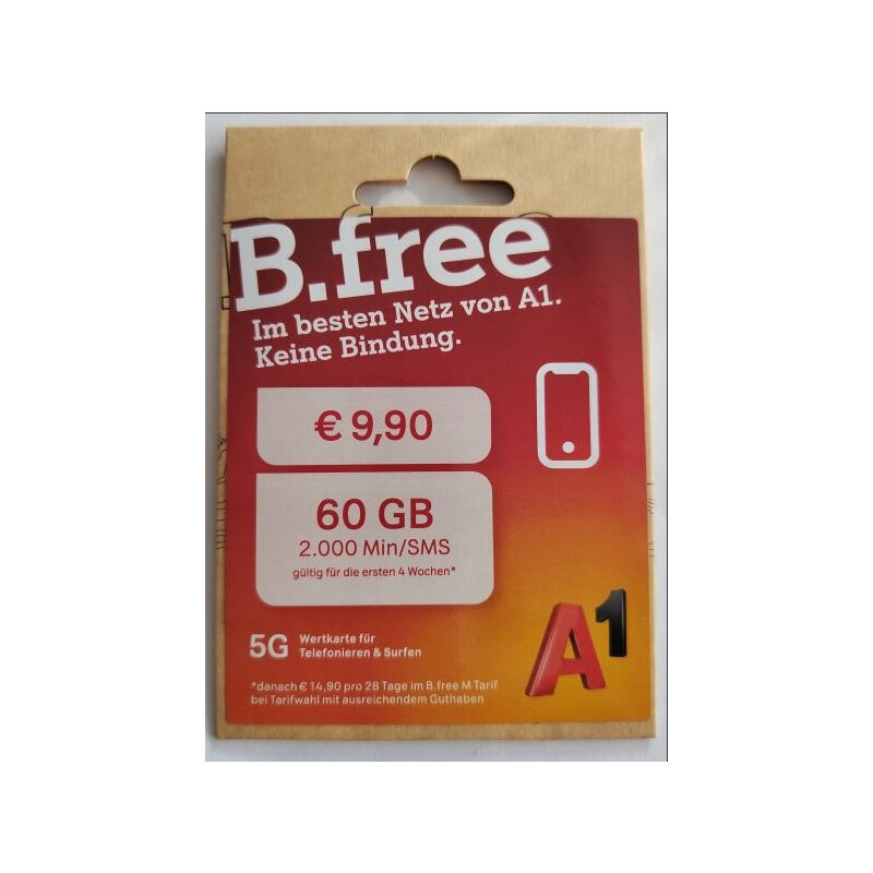 A1 B.free Voice Wertkarten-Starterpaket – 60 GB + 2.000 Min. + 2.000 SMS