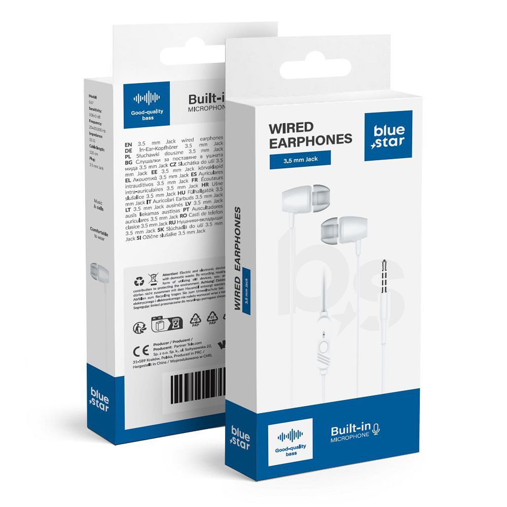 Bluestar Wire earbuds Jack 3,5 mm Blue Star PA-E67 1,2 m white