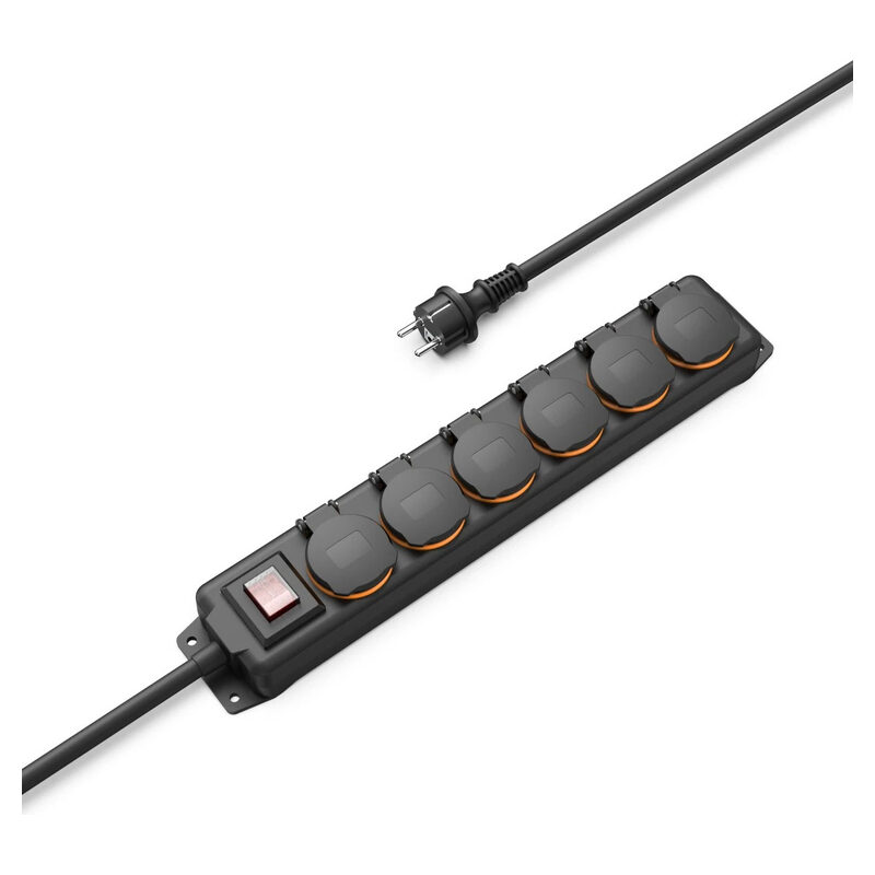 Hama Steckdosenleiste 6-fach Outdoor, 2m, mit Schalter, spritzwassergeschützt, Schwarz