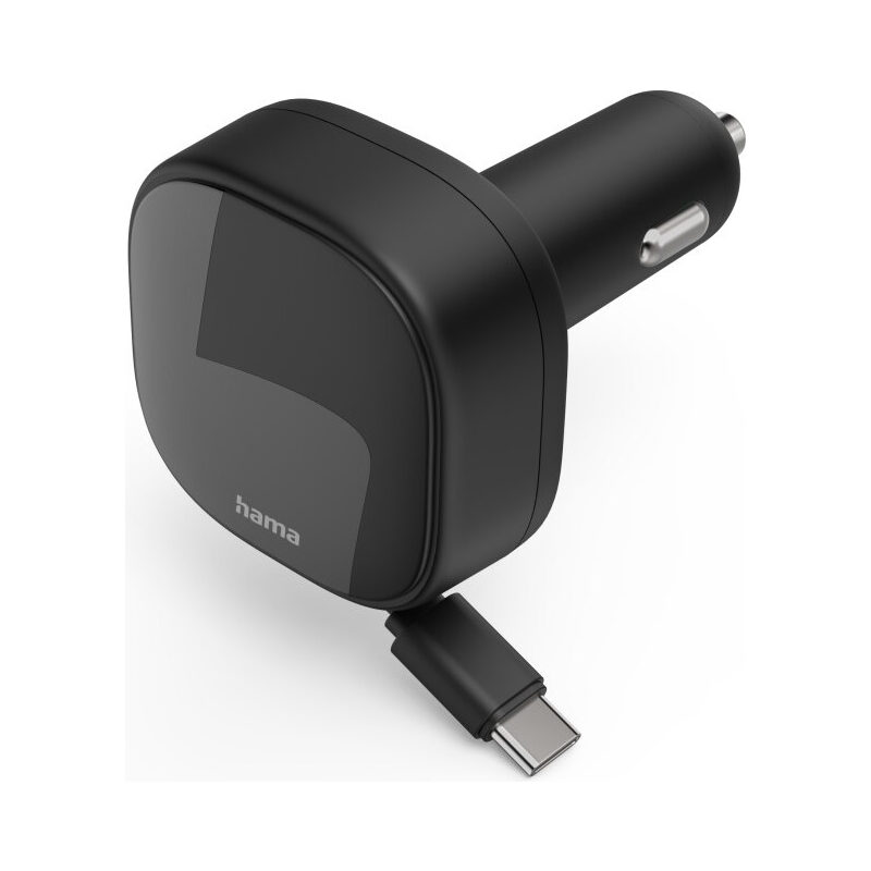 Hama Kfz-Ladegerät, ausziehbares USB-C Kabel + 1xUSB-C Port, 30W, PD, 1m, Schwarz