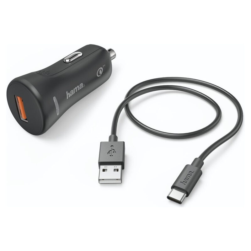 Hama Kfz-Ladeset,Schnellladegerät mit Kabel USB Type-C, 3 A, QC Qualcomm Quick Charge 3.0, 1.5m, Schwarz