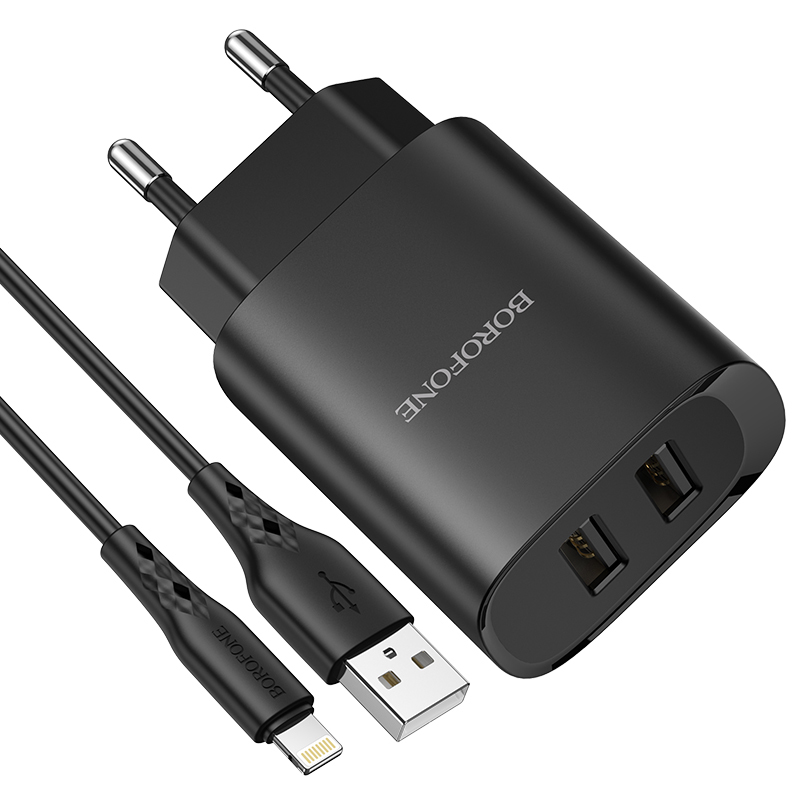 Borofone Schnellladegerät 2.1A 2x USB inkl Lightning USB Kabel schwarz