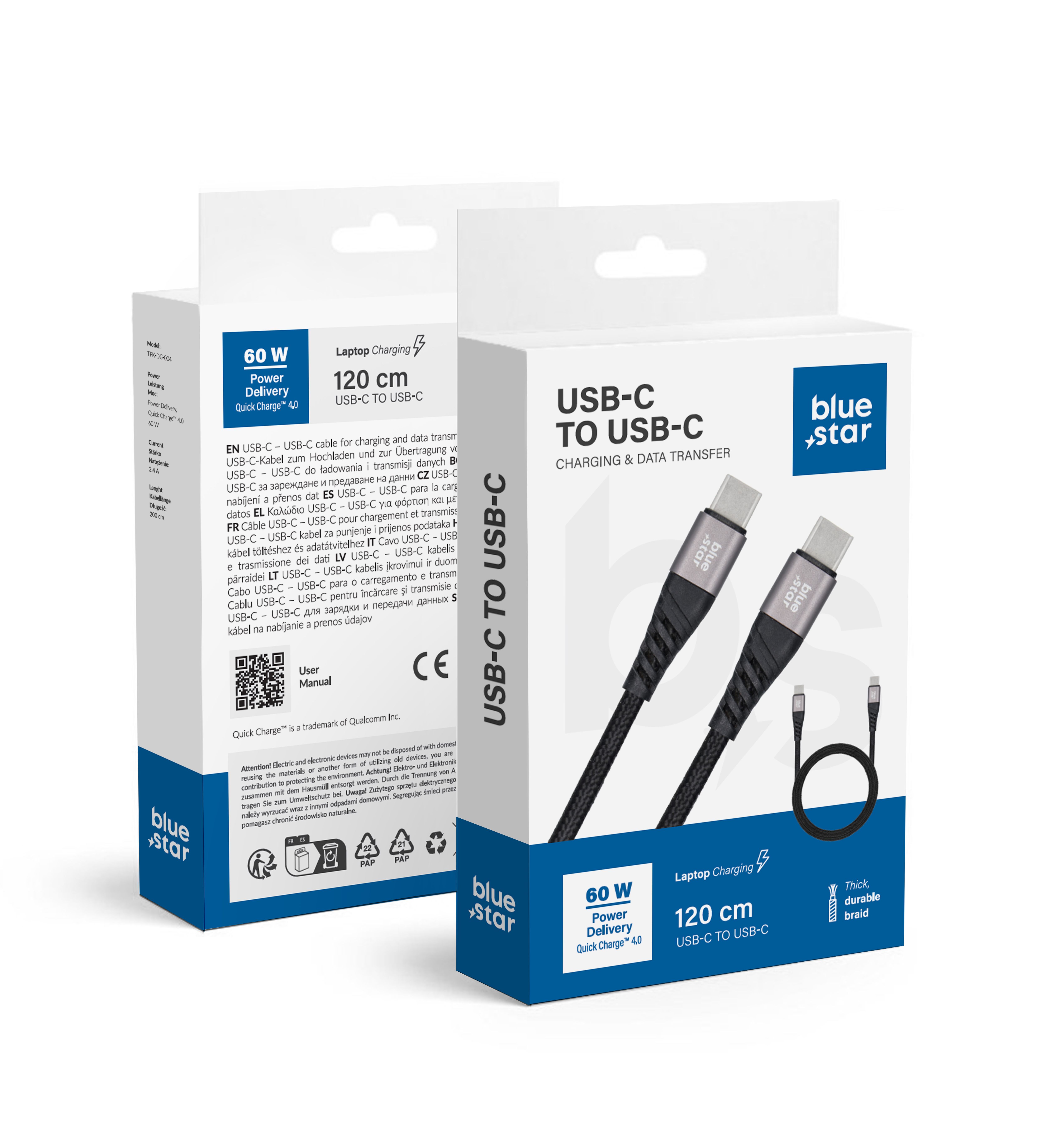 BlueStar geflochtenes Kabel mit USB C auf USB C 3A 60W Stecker