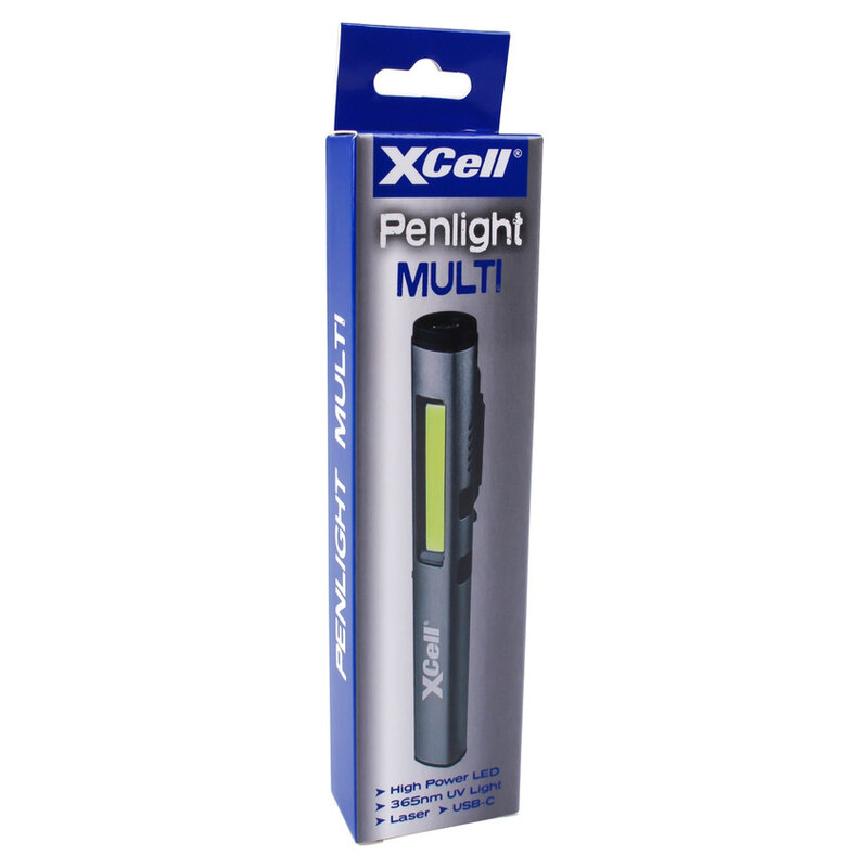 XCell multifunktionale LED-Stiftleuchte mit UV- und Laserlicht, drehbarer Metallclip