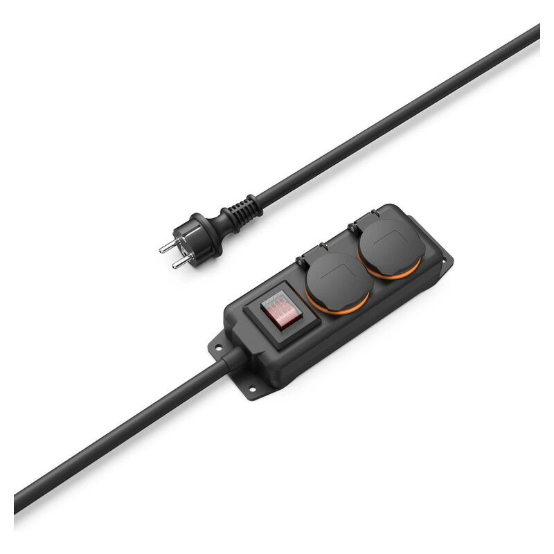 Hama Steckdosenleiste 2-fach Outdoor, 2m, mit Schalter, spritzwassergeschützt, Schwarz