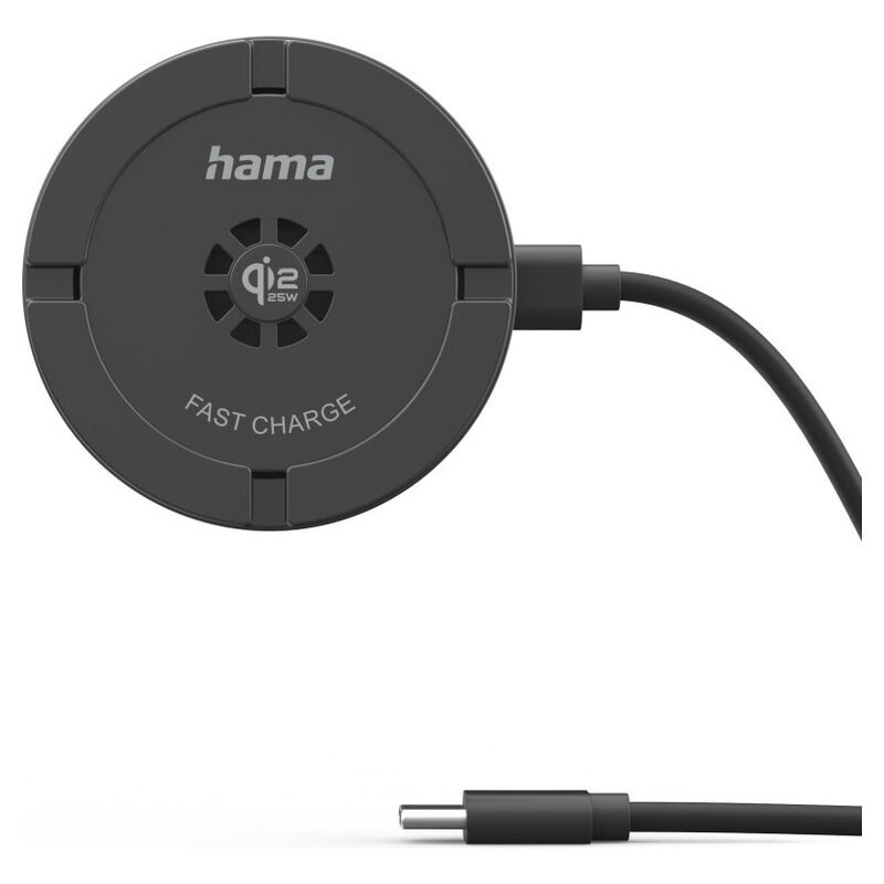 HAMA Wireless Charger/Induktion Qi2-Schnelllader, Standfunktion, magnetisch, 25W, Luftkühlung, Schwarz