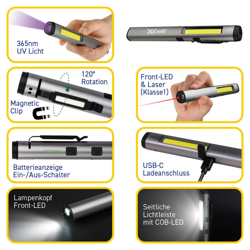 XCell multifunktionale LED-Stiftleuchte mit UV- und Laserlicht, drehbarer Metallclip