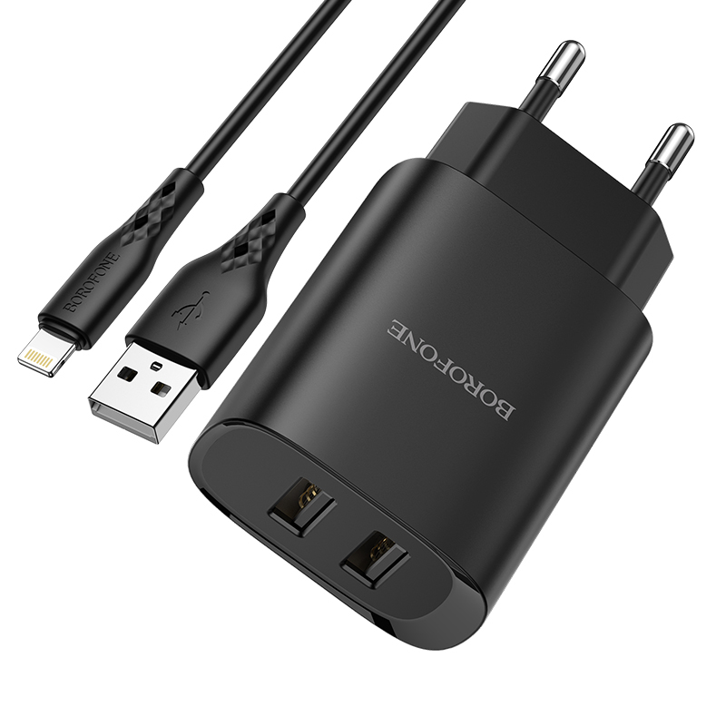 Borofone Schnellladegerät 2.1A 2x USB inkl Lightning USB Kabel schwarz