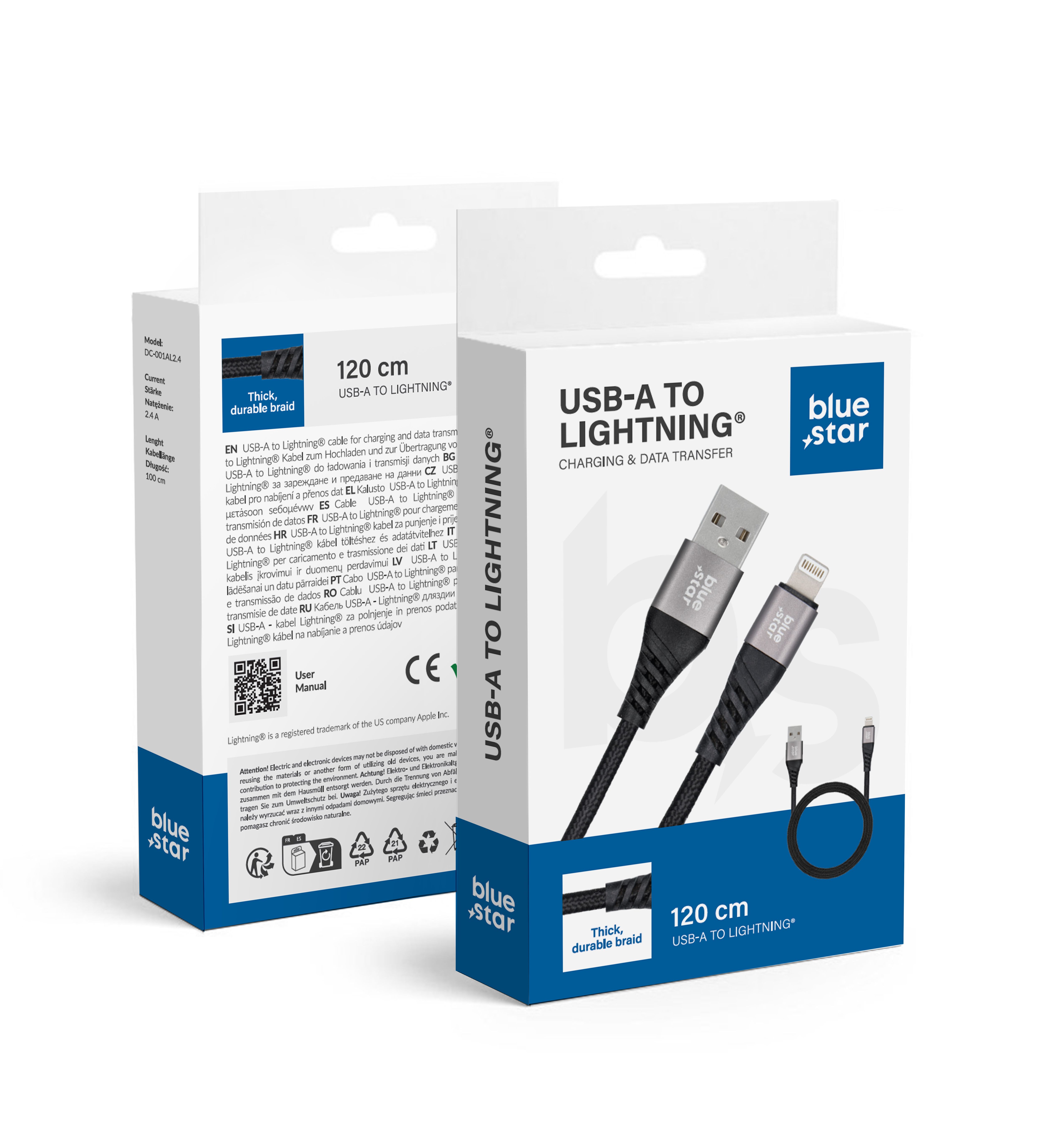 BlueStar geflochtenes Kabel mit USB A zu Lightning 2.4A Anschluss